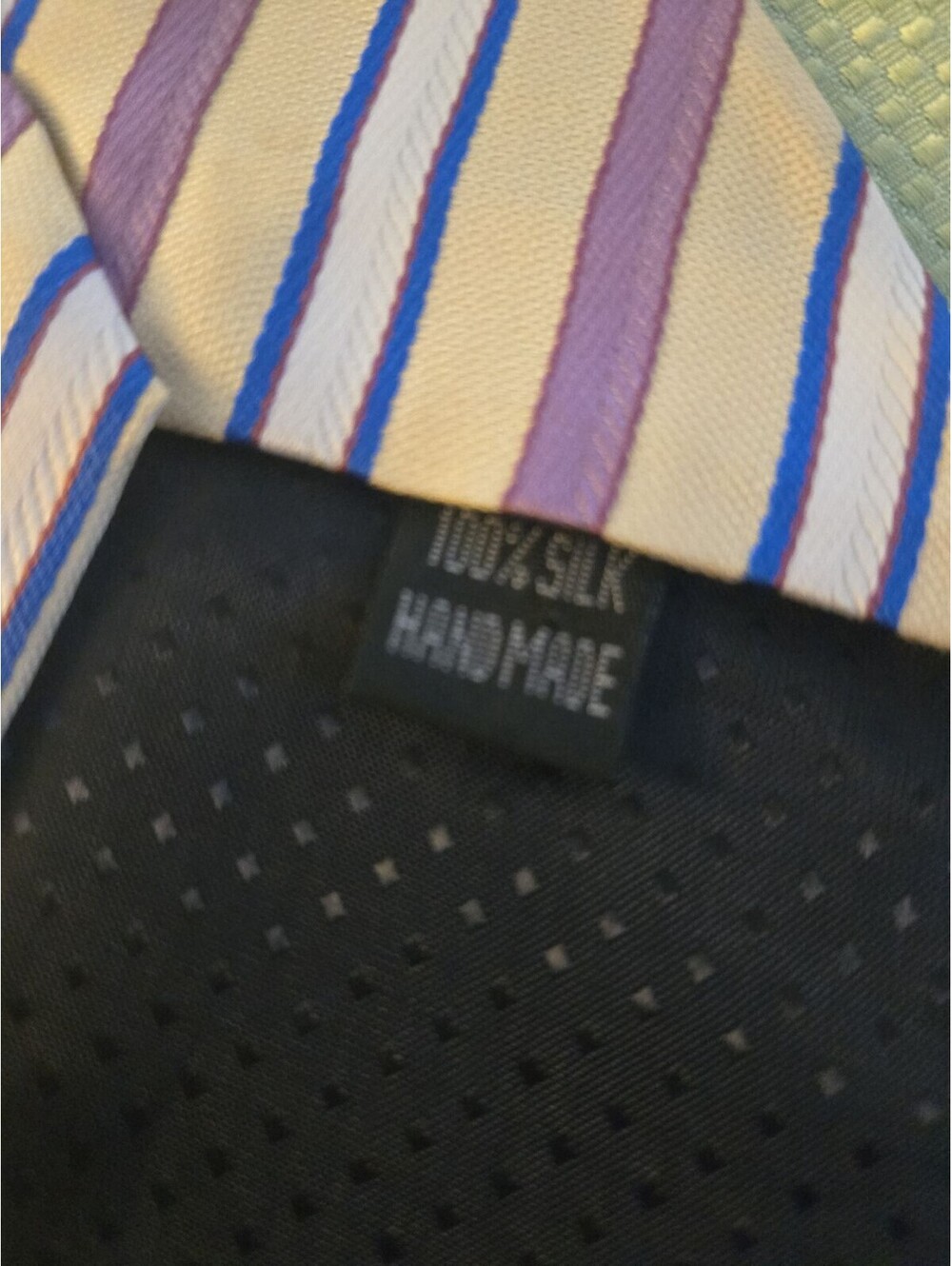 Handmade 100% Silk Diagonal Striped Tie in Peach, Purple, and Blue - Picture 3 of 5